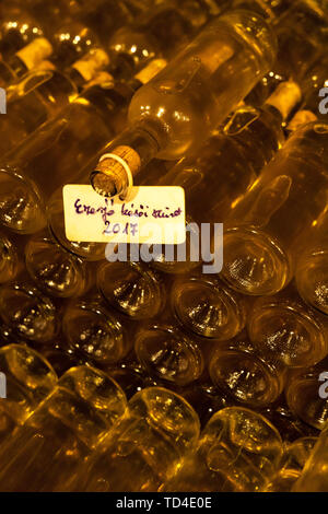 Le bottiglie di vino nella cantina di archivio, Ezerjo, Ungheria Foto Stock