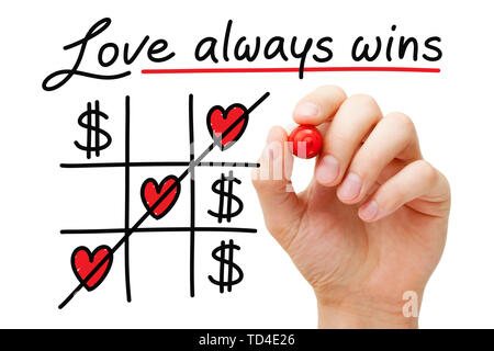 Disegno a mano l'amore vince sempre il denaro tic tac toe concetto con marcatore sul vetro trasparente bordo isolato su bianco. Foto Stock