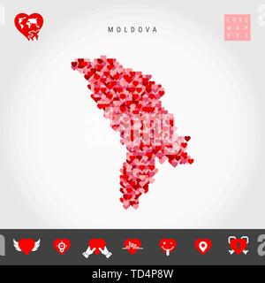 Io amo la Moldavia. Rosso e Cuori rosa Pattern mappa vettoriale della Moldavia isolato su sfondo grigio. Amore Icon Set. Illustrazione Vettoriale