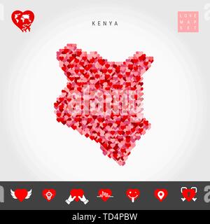 Io amo il Kenya. Rosso e Cuori rosa Pattern mappa vettoriale del Kenya isolato su sfondo grigio. Amore Icon Set. Illustrazione Vettoriale