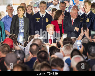 Council Bluffs, Iowa, USA. 11 Giugno, 2019. Il presidente statunitense TRUMP firma un ordine esecutivo chiamando per la ricerca in materia di biocarburanti a sud-ovest Iowa energia rinnovabile. Presidente Trump visitato Southwest Iowa energia rinnovabile in Council Bluffs martedì di annunciare che la sua amministrazione era rilassante norme sulla E15, etanolo come additivo per la benzina. Iowa è uno dei principali produttori di etanolo negli Stati Uniti e in Iowa gli agricoltori di mais speranza l'amministrazione del cambiamento di E15 regole servirà a stimolare la domanda per il mais. Credit: Jack Kurtz/ZUMA filo/Alamy Live News Foto Stock