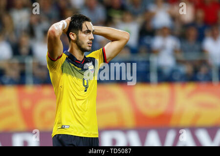 Lublin, Polonia. 11 Giugno, 2019. Leonardo Campana dell Ecuador reagisce durante il FIFA U-20 World Cup Semifinal match tra Ecuador e della Corea del Sud di Lublin, Polonia, 11 giugno 2019. La Corea del Sud ha vinto 1-0 per entrare in finale. Credito: Adam Starszynski/Xinhua/Alamy Live News Foto Stock