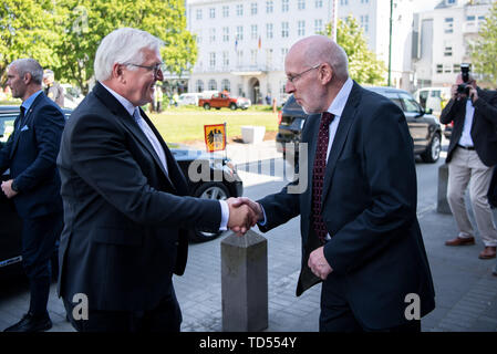 Reykjavik, Islanda. 12 Giugno, 2019. Presidente Frank-Walter Steinmeier è accolto il parlamento islandese ha da Steingrimur Sigfússon (r), il presidente del parlamento islandese. Presidente Steinmeier e sua moglie sono su una due giorni di visita di stato in Islanda. Credito: Bernd von Jutrczenka/dpa/Alamy Live News Foto Stock