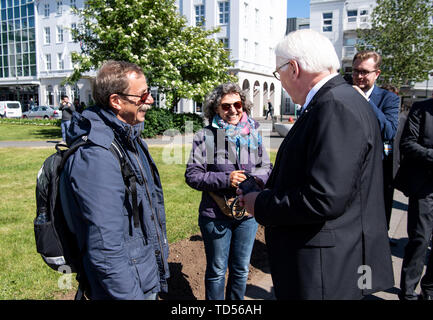 Reykjavik, Islanda. 12 Giugno, 2019. Il Presidente federale Frank-Walter Steinmeier (r) parla per i turisti tedeschi sulla strada per la guest house del governo islandese. Presidente Steinmeier e sua moglie sono su una due giorni di visita di stato in Islanda. Credito: Bernd von Jutrczenka/dpa/Alamy Live News Foto Stock