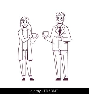Giovane imprenditori di bere il cappuccino durante il meeting donna uomo discutendo i colleghi in piedi insieme pausa caffè concept sketch doodle Illustrazione Vettoriale