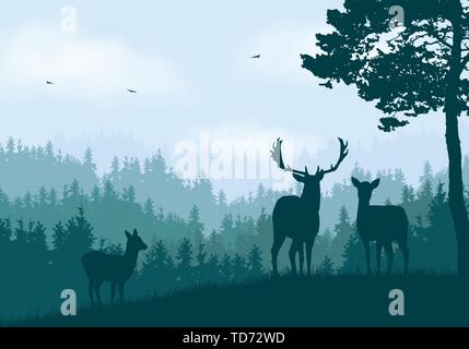 Illustrazione realistica del paesaggio di montagna con la foresta di conifere in blu chiaro e verde cielo con nuvole bianche. Cervi, doe e poco standi cervo Illustrazione Vettoriale