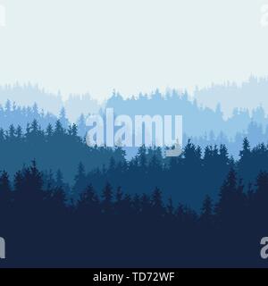 Illustrazione realistica del paesaggio di montagna con la foresta di conifere da alberi di pino e colline sotto il cielo blu. Adatto come un annuncio pubblicitario per la natura Illustrazione Vettoriale