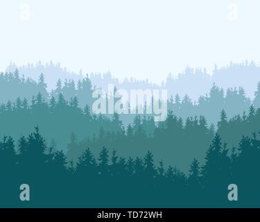 Illustrazione realistica del paesaggio di montagna con la foresta di conifere e colline in blu chiaro e verde sky - vettore Illustrazione Vettoriale