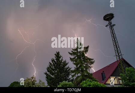 Sieversdorf, Germania. 12 Giugno, 2019. Molti fulmini di un temporale illumina il cielo di sera al di sopra di una cicogna il nido e una casa del tetto. Credito: Patrick Pleul/dpa-Zentralbild/dpa/Alamy Live News Foto Stock