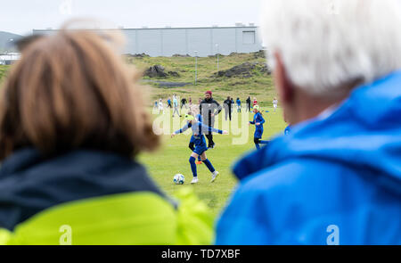 13 giugno 2019, l'Islanda, Westmännerinseln: Presidente federale Frank-Walter Steinmeier e sua moglie Elke Büdenbender visitare una delle ragazze torneo di calcio. Presidente Steinmeier e sua moglie sono su una due giorni di visita di stato in Islanda. Foto: Bernd von Jutrczenka/dpa Foto Stock