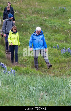 13 giugno 2019, l'Islanda, Westmännerinseln: Presidente Frank-Walter Steinmeier e sua moglie Elke Büdenbender scendere il vulcano Eldfell. Presidente Steinmeier e sua moglie sono su una due giorni di visita di stato in Islanda. Foto: Bernd von Jutrczenka/dpa Foto Stock