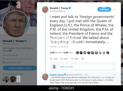 Il tweet inviati dal presidente statunitense Donald Trump in cui egli si riferisce al Principe di Galles come il principe delle balene. Foto Stock