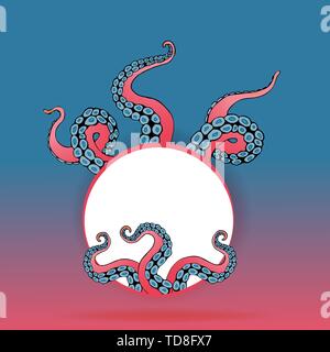 Il futuristico il modello di pagina con colorati tentacoli di un polipo frame, motivo Oceano flat Cartoon carino illustrazione per il web e la stampa, grazioso decor. Illustrazione Vettoriale