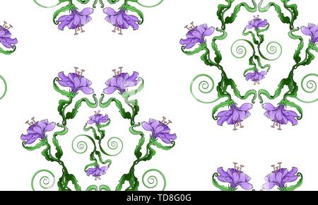 Lily seamless pattern, su sfondo bianco in luce colore viola, creative disegnare a mano sfondo vettoriale, texture floreali, botanico liliacee. Illustrazione Vettoriale