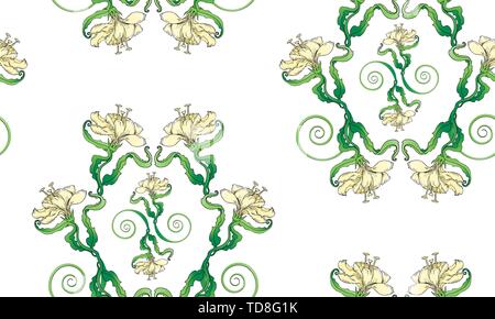 Lily seamless pattern, su sfondo bianco in luce colore biege, creative disegnare a mano sfondo vettoriale, texture floreali, botanico liliacee. Illustrazione Vettoriale