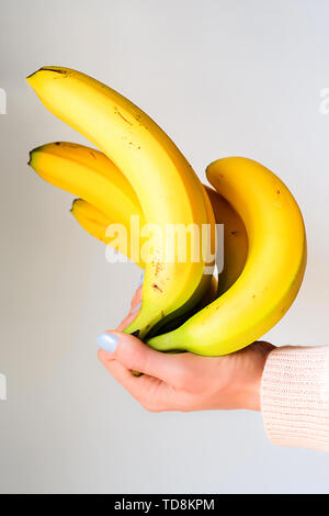 Grappolo di banane fresche nella donna la mano su uno sfondo grigio Foto Stock