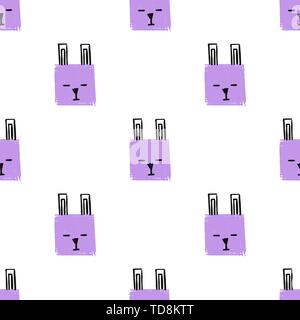 Kawaii piazze conigli Seamless pattern. Vettore di disegnare a mano sfondo con le facce dei conigli. Infinite sfondo Texture a matita di piazze in pastello Illustrazione Vettoriale