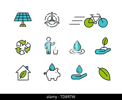 Concetto di ecologia icone in stile contorno per l'ambiente o la natura cura. Include il simbolo di riciclaggio, pannello solare, la bicicletta e altro ancora. Illustrazione Vettoriale