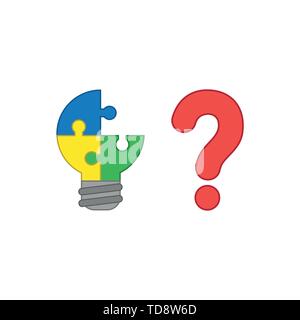 Icona vettore concetto di tre pezzi lampadina puzzle pezzo mancante con un punto interrogativo. Contorni colorati. Illustrazione Vettoriale
