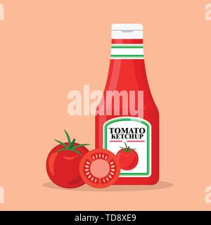 Tomato Ketchup bottiglia con pomodori freschi. Illustrazione Vettoriale Illustrazione Vettoriale