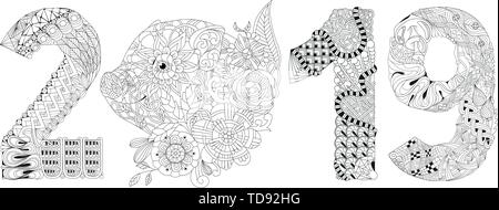 Salvadanaio di libro da colorare con il numero 2019 per adulti vettore Illustrazione Vettoriale