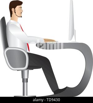 Lavoratore di ufficio in una camicia bianca e cravatta rossa in seduta confortevole poltrona a forma di apple e tavolo di lavoro monoblocco sul computer desktop. Illustrazione Vettoriale