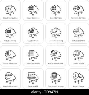 Semplice insieme di computer Cloud Computing vettore correlati le icone della linea. Contiene le icone come Crypto portafoglio di sistemi di memorizzazione distribuiti, Cloud app e altro ancora. Illustrazione Vettoriale