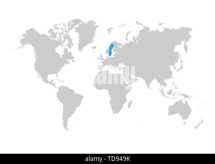 La mappa della Svezia è evidenziata in blu sulla mappa del mondo Illustrazione Vettoriale