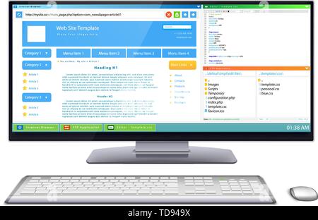 Flusso di lavoro del sito di sviluppo del modello widescreen sul monitor del computer. Slim con tastiera e mouse wireless in prossimità di essa. Contenuto sul display: browser Web, CS Illustrazione Vettoriale