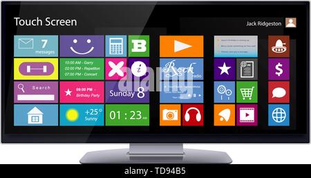 Ampio Touch Screen monitor di computer con metro a colori delle icone sul display. Illustrazione di vettore isolato su sfondo bianco. Illustrazione Vettoriale