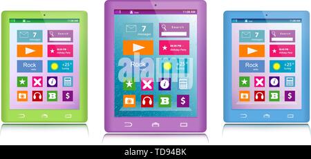 Set di verde, viola e blu computer tablet con le icone a colori su schermo tattile isolati su sfondo bianco Illustrazione Vettoriale