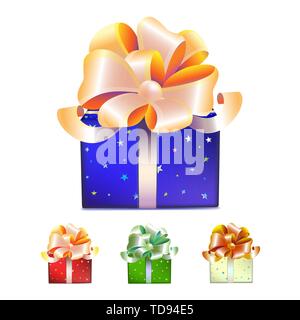 Set di blu, rosso, verde e bianco confezioni regalo con archi, nastri e stelle isolati su sfondo bianco Illustrazione Vettoriale
