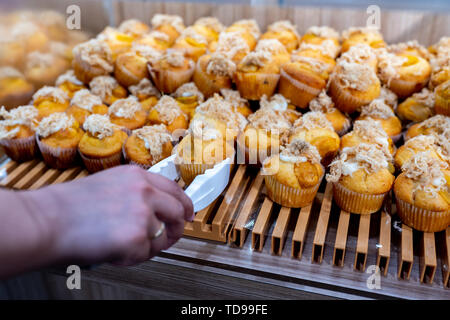 Primo piano della mano umana picking carne muffin di filo interdentale con morsetto Foto Stock