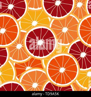 Vector seamless texture con fettine di arancia. Rosso, giallo con centri di colore bianco Illustrazione Vettoriale