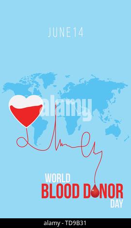Mondiale del donatore di sangue al giorno. Emblema con immagine del cuore rosso sulla mappa del mondo sullo sfondo. Illustrazione Vettoriale