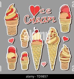 Ice Cream autoadesivo o badge. Icone di isolati. Set di vettore colorati i badge con disegnati a mano gelati in giallo cremoso rosso rose colori. Gli adesivi di vettore Illustrazione Vettoriale