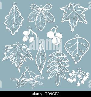 Impostazione del modello per il taglio laser e Plotter. Foglie di quercia, acero, Rowan, castagno, bacche, acorn, semi, betulla, ceneri in forma di pendenti. Le foglie per Illustrazione Vettoriale