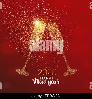 Anno Nuovo 2020 luxury greeting card illustrazione, bere un bicchiere di toast in oro glitter texture festosa su sfondo rosso con testo vacanze preventivo. Illustrazione Vettoriale