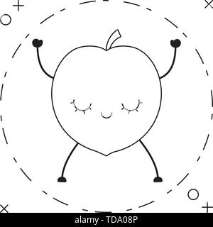 Frutta pesche kawaii carattere nel telaio circolare illustrazione vettoriale design Illustrazione Vettoriale