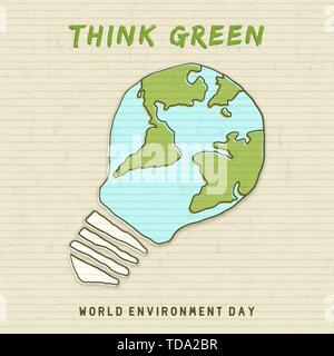 La Giornata Mondiale dell Ambiente illustrazione per energia verde concetto. Disegnato a mano lampadina luce doodle con terra mappa. Illustrazione Vettoriale