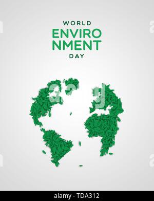 La Giornata Mondiale dell Ambiente greeting card illustrazione. Realistiche mappa di massa fatto di verde delle foglie di una pianta. Natura il concetto di cura per l'ecologia evento. Illustrazione Vettoriale