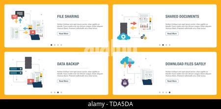Set di Banner con icone per internet su siti web o modelli di app con la condivisione di file, documenti condivisi, backup di dati e di scaricare file in modo sicuro. La tecnologia Illustrazione Vettoriale