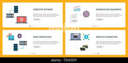 Set di Banner con icone per internet su siti web o app di modelli con rete di computer, Documenti organizzazione , video server di dati e la connessione wireless Illustrazione Vettoriale