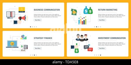 Set di Banner con icone per internet su siti web o app con i modelli di comunicazione aziendale, marketing di ritorno, strategia finanza e investimenti communi Illustrazione Vettoriale