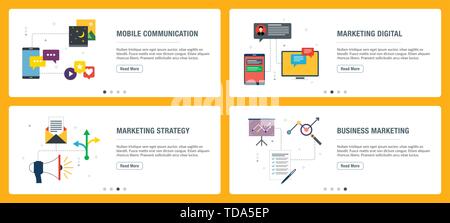 Set di Banner con icone per internet su siti web o app con i modelli di comunicazione mobile, marketing digitale, strategia di marketing e business marketin Illustrazione Vettoriale