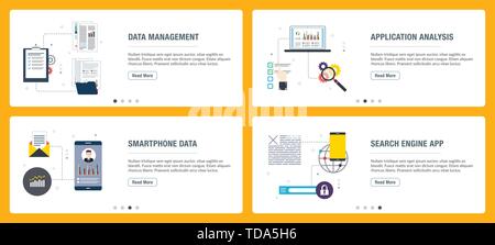 Banner Web concetto nel vettore con gestione dei dati, analisi di applicazioni, dati dello smartphone e del motore di ricerca app. Il sito internet di concetto di banner con Illustrazione Vettoriale