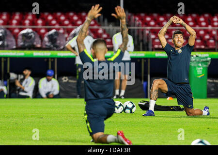 Morumbi Stadium, Sao Paulo, Brasile. Xiii Giugno, 2019. Il brasiliano della nazionale di calcio la formazione prima di loro Copa America gioco contro la Bolivia il 15 giugno; Roberto Firmino di Brasil si allenta fino Credito: Azione Sport Plus/Alamy Live News Foto Stock