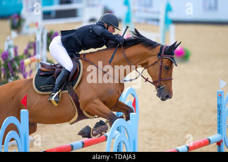 Tattenhall, Cheshire, Regno Unito. 14 Giugno, 2019. Vincitore. Angela Thompson riding Fremont VDL. GBR. CSI2*.1.40m. Showjumping. Scudiero Bolesworth International Horse Show. Tattenhall. Cheshire. Regno Unito. GBR. 14/06/2019. Credito: Sport In immagini/Alamy Live News Foto Stock