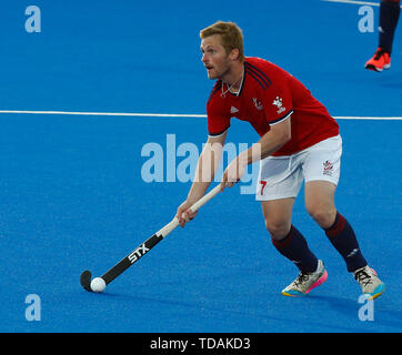 Londra, Regno Unito. 14 Giugno, 2019. Londra, Inghilterra. 14 giugno: Ashley Jackson di Gran Bretagna durante il connettore FIH Pro League tra Gran Bretagna e Paesi Bassi a Lee Valley Hockey e il Centro Tennis il 14 giugno 2019 a Londra, Inghilterra. Credit: Azione Foto Sport/Alamy Live News Foto Stock