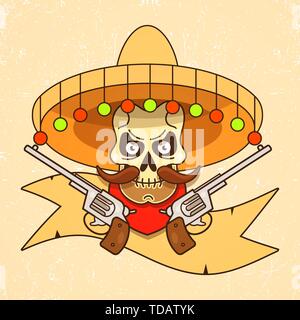 Wild West cranio Bandit con pistole illustrazione vettoriale Illustrazione Vettoriale